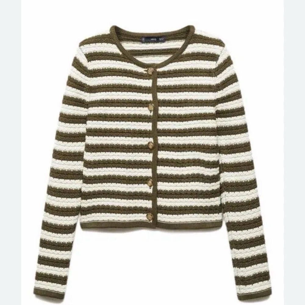 Mango Olive Green & Cream Striped Button-Front Cardigan